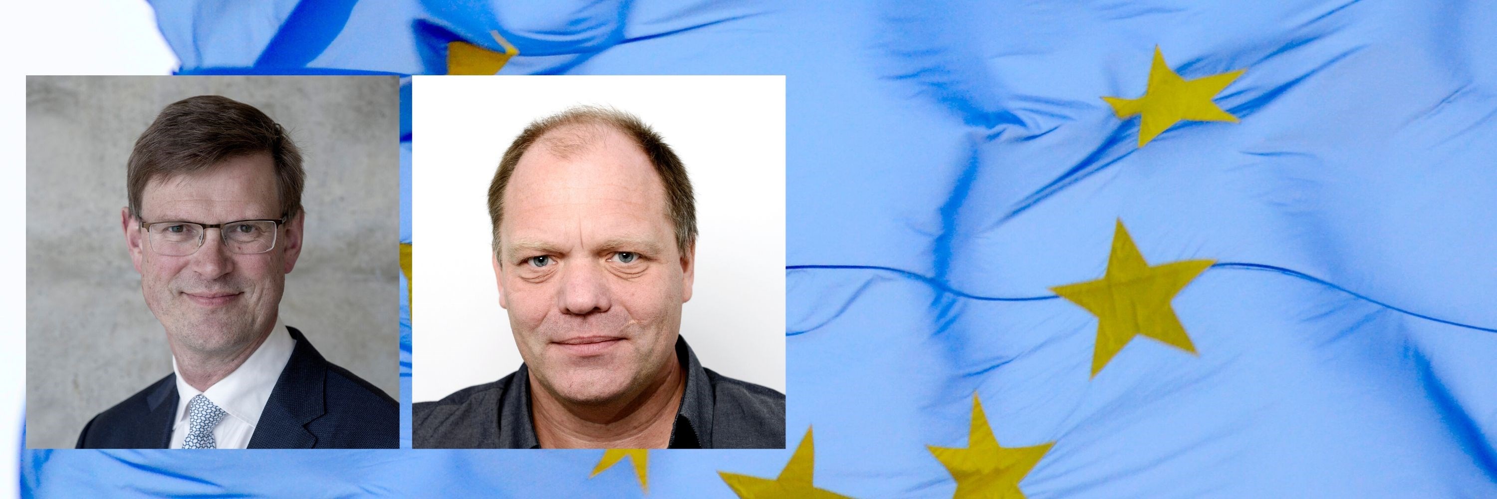 Bilde av EU-flagg, Aksel Mjøs og Alexander W. Cappelen