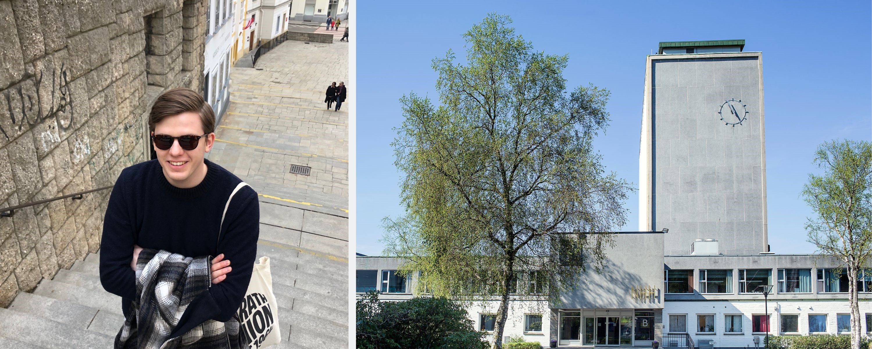 Picture of Mathias Ringstad and the NHH building. Photo: Silje Katrine Robinson / private