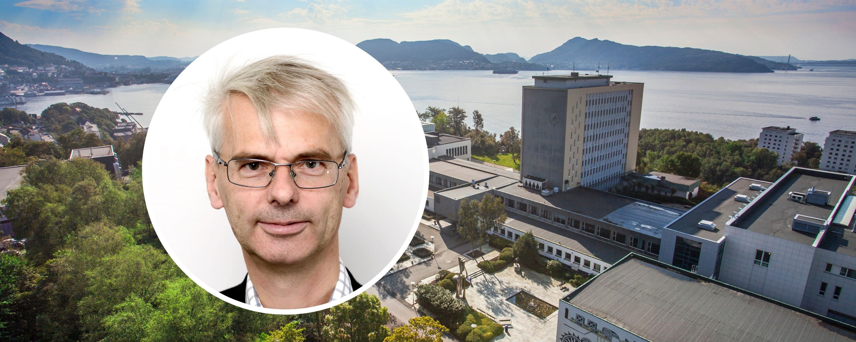 Picture of Rector Øystein Thøgersen and the NHH campus. Photo: Varde Solutions and Helge Skodvin