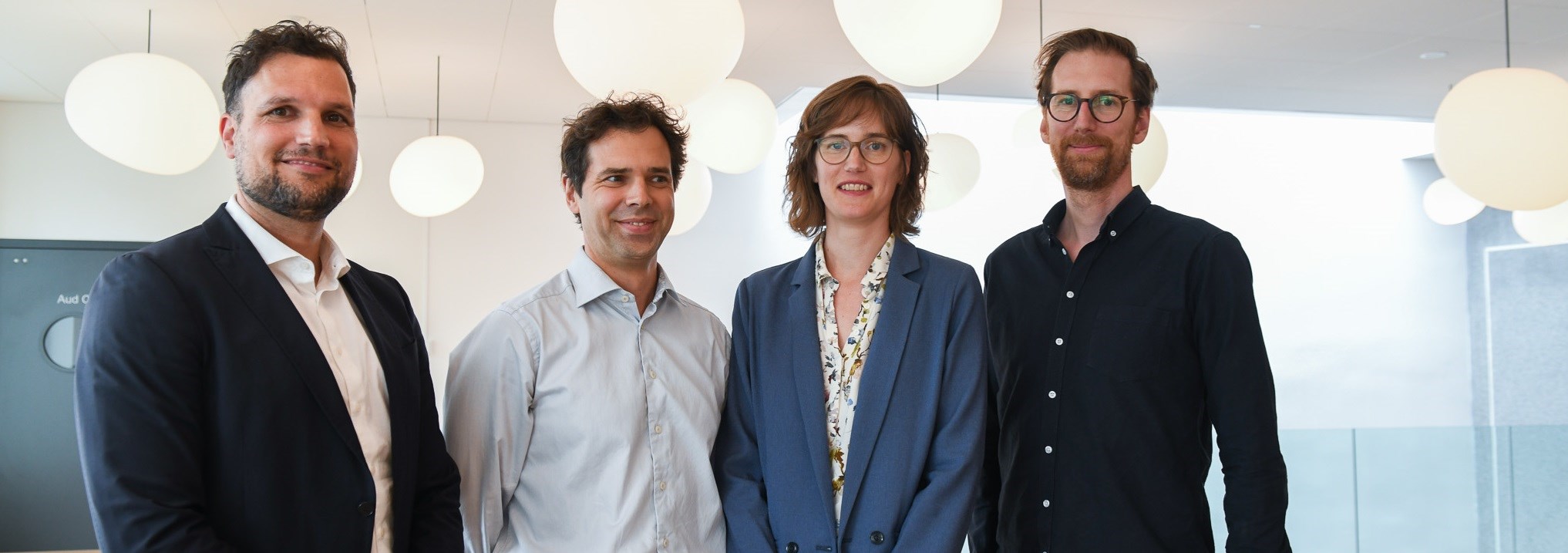 Steffen Juranek, Vincent Somville, Malin Arve and Eirik Sjåholm Knudsen have been promoted to full professor at NHH Norwegian School of Economics. Photo: Ingunn Gjærde