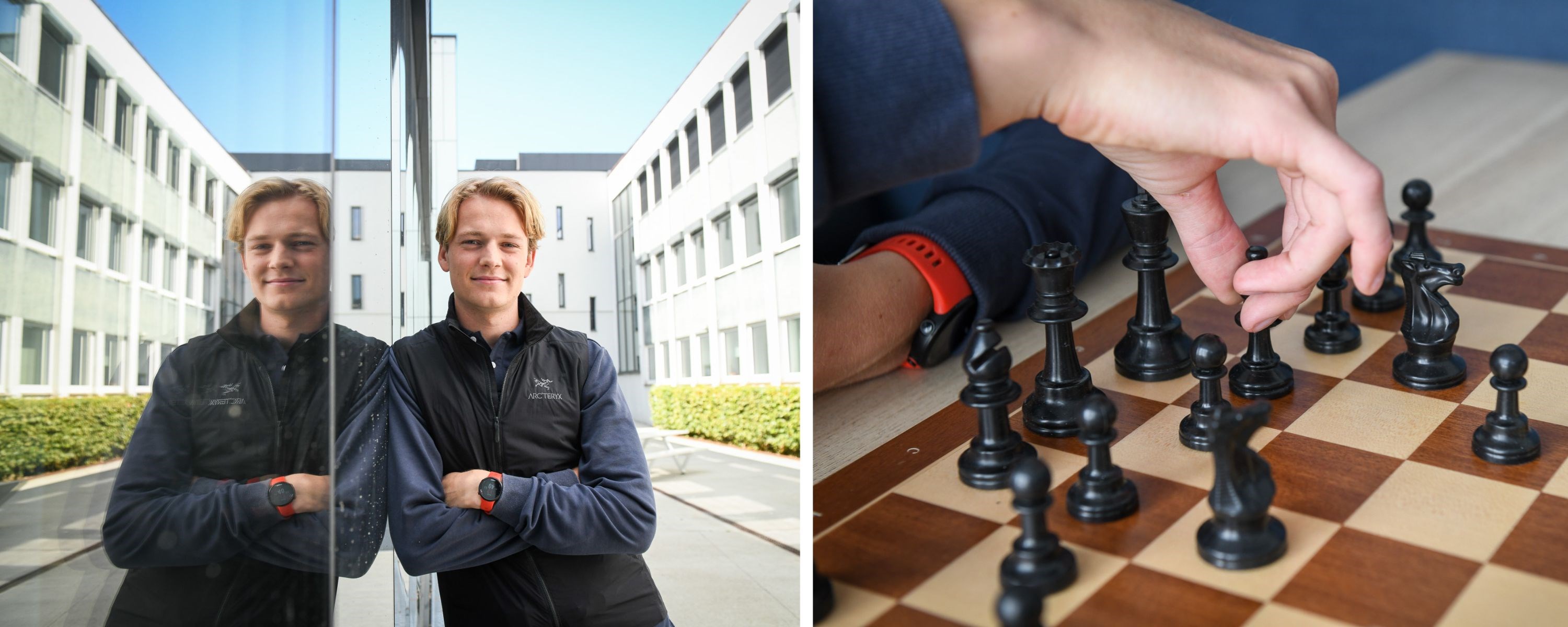 Portrait picture of Benjamin Haldorsen, and picture of him playing chess. Photo: Ingunn Gjærde