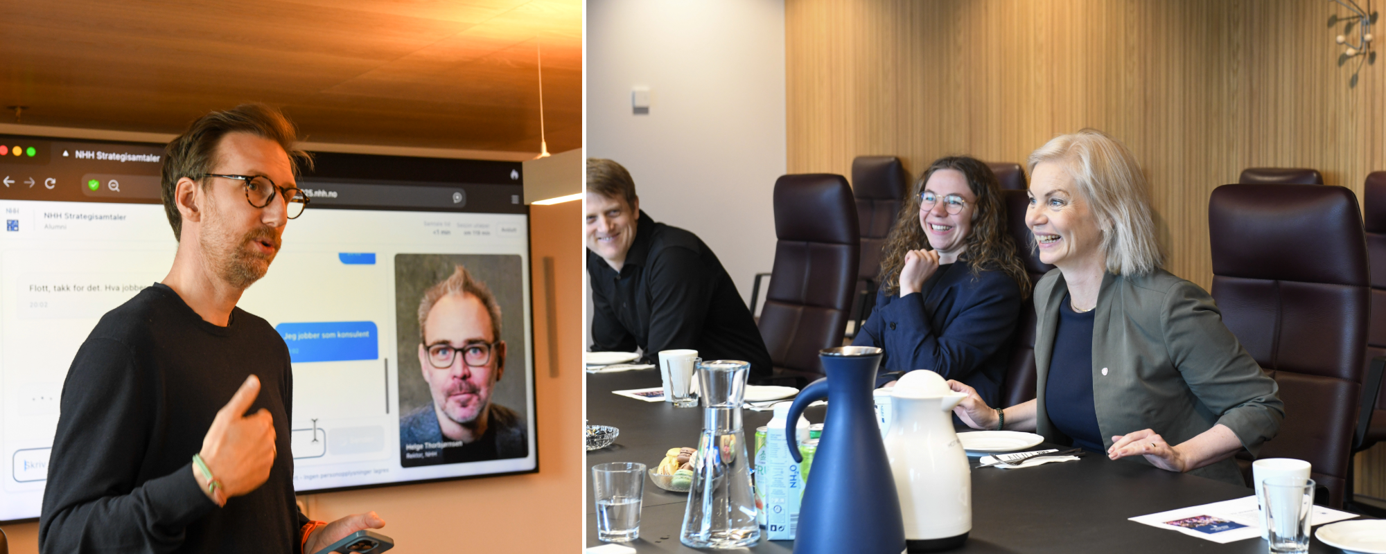 Strategiprofessor Eirik Sjåholm Knudsen ga statsråd Sigrun Aasland og hennes rådgiver Ada Camilla Lassen-Urdahl  en innføring i KI-arbeid. Foto: Bjørn Egil Halvorsen
