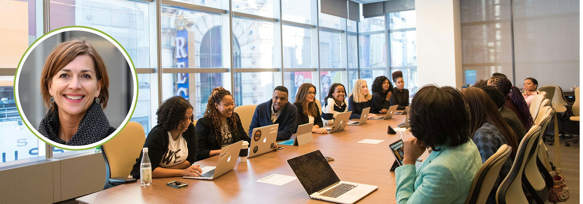 Collage of Inger Stensaker and illustration of a borad of directors in session