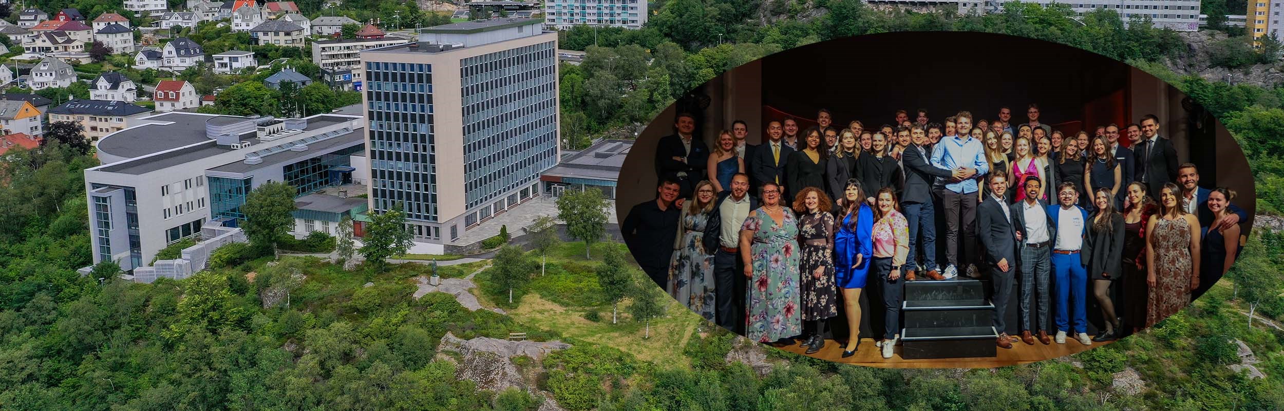 Montasje med NHH-campus i bakgrunnen, der et gruppebilde av CEMS-studenter og ansatte er integrert i scenen.