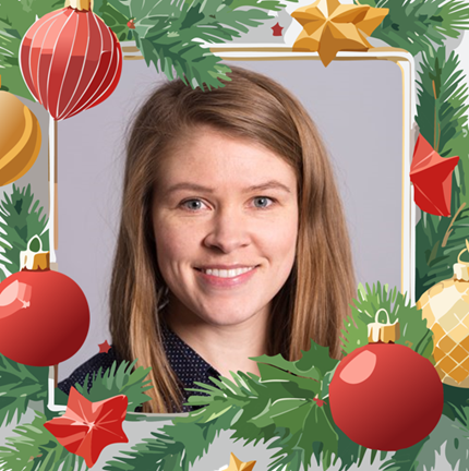 Portrait photo of Merete with a Christmas frame around