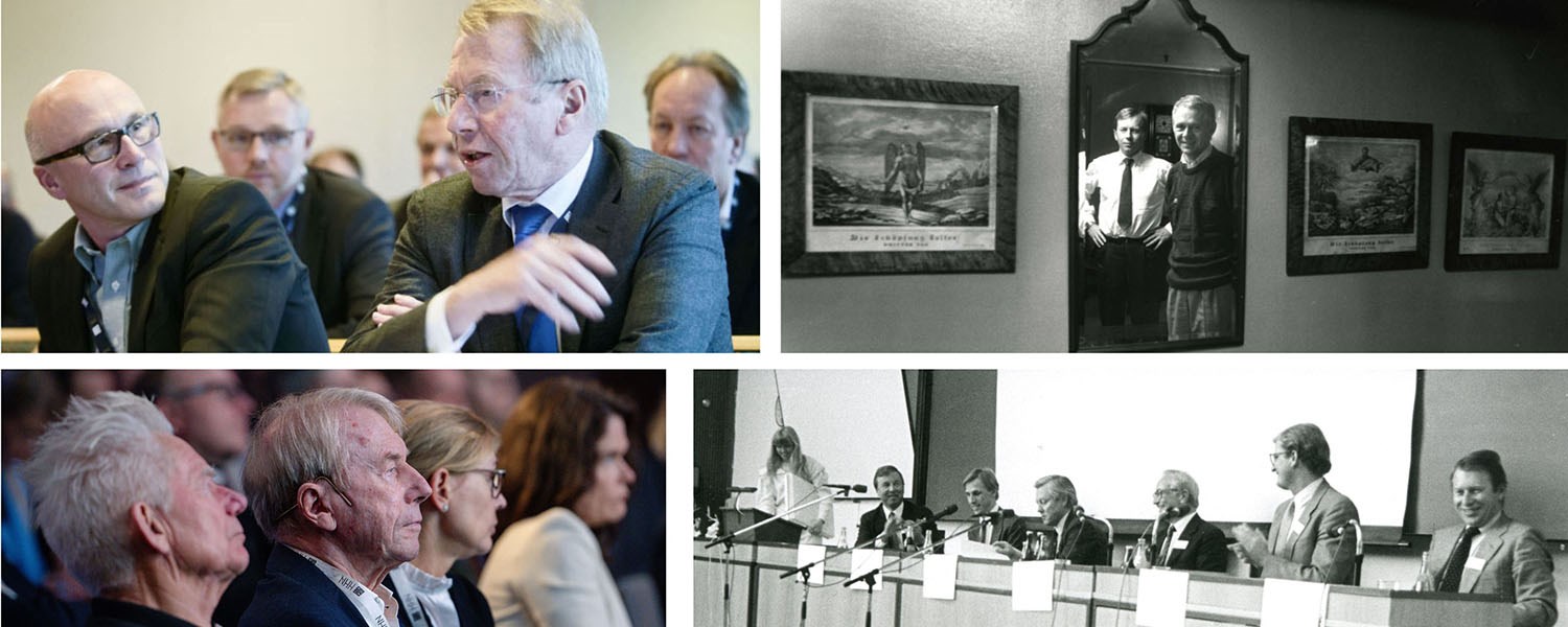 Fotomontasje med Jens Ulltveit-Moe på NHH ved en rekke anledninger.
