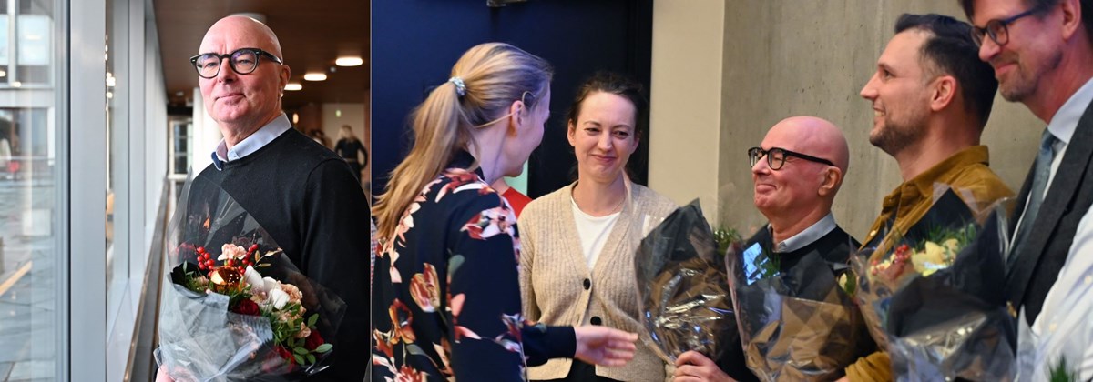 Kjell G. Salvanes has produced 24 top-tier publications in international economics journals over the past 20 years—more than any other researcher at NHH. Here, Pro-Rector for Research Katrine V. Løken presents flowers and publication bonuses to Jonna Olsson, Salvanes, Steffen Juranek, and Aksel Mjøs. Photo: Sigrid Folkestad