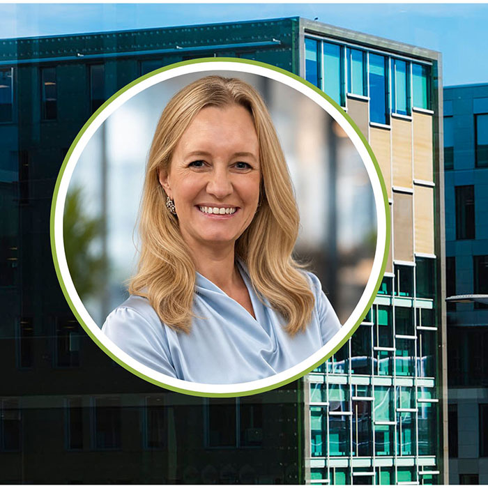 Photo collage of head of You & AI in Gjensidige, Helene Cappelen, and their company HQ