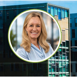 Photo collage of head of You & AI in Gjensidige, Helene Cappelen, and their company HQ