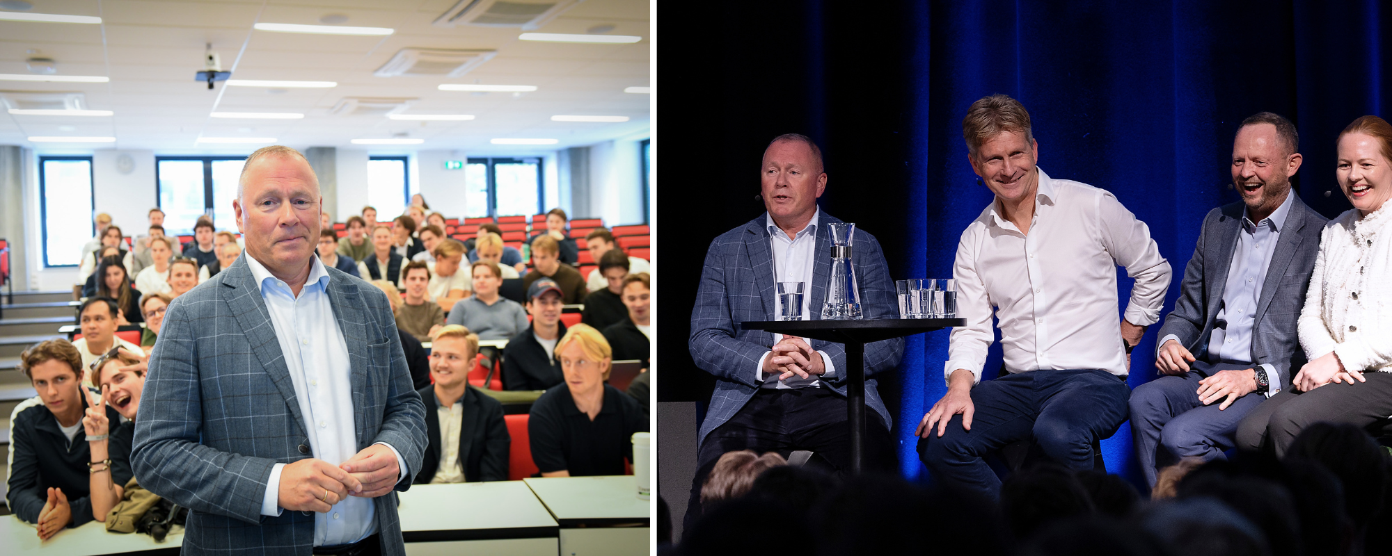 Nicolai Tangen delte tips og innsikter med NHH-studentene, og fikk spørsmål å bryne seg på tilbake. I aulaen delte han sceneplass med Rune Skjelvan fra KPMG, Bjørn Blindheim fra Aker scholarship og Grete Rød fra Bain & co. Foto: Ingunn Maarnes-Gjærde og Silje K. Robinson. 