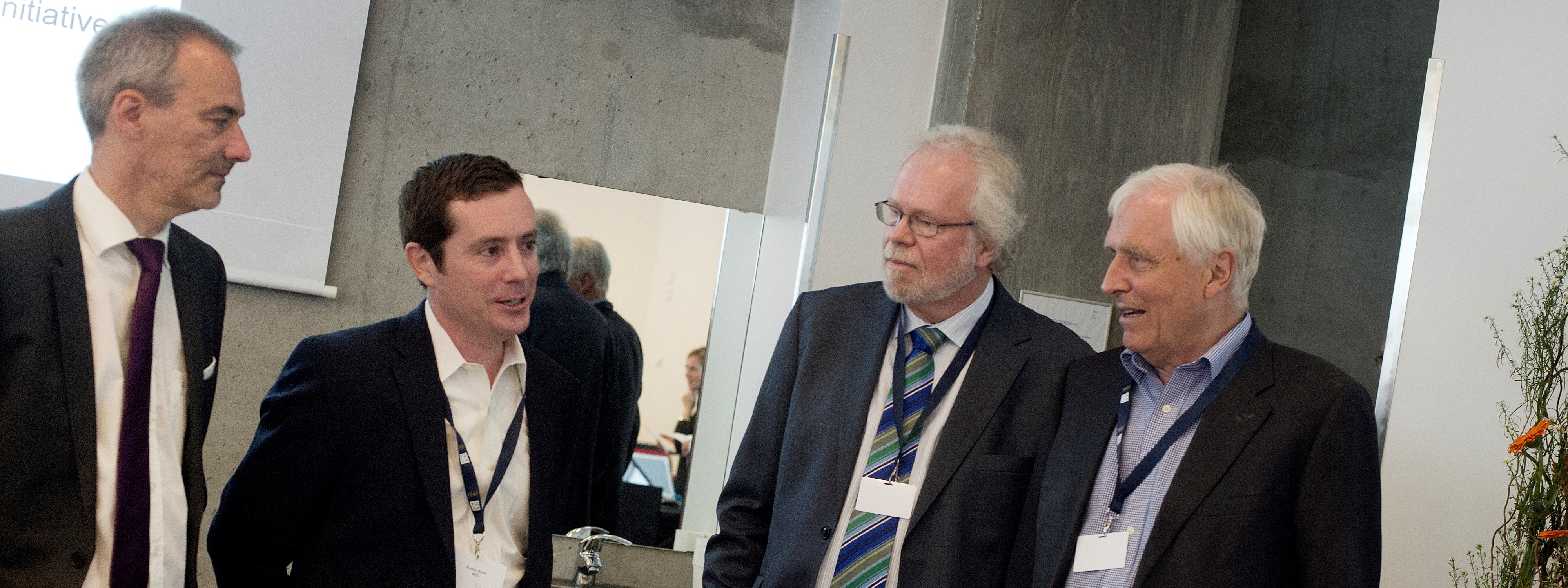 Professor Klaus Reiner Schenk-Hoppé (left) Ronan Ryan Chief Strategy Officer at IEX GROUP, Terje Lensberg and Thore Johnsen, both professor at Department of Finance NHH, at Jan Mossin Memorial Symposium «Do financial markets double-deal investors?». 