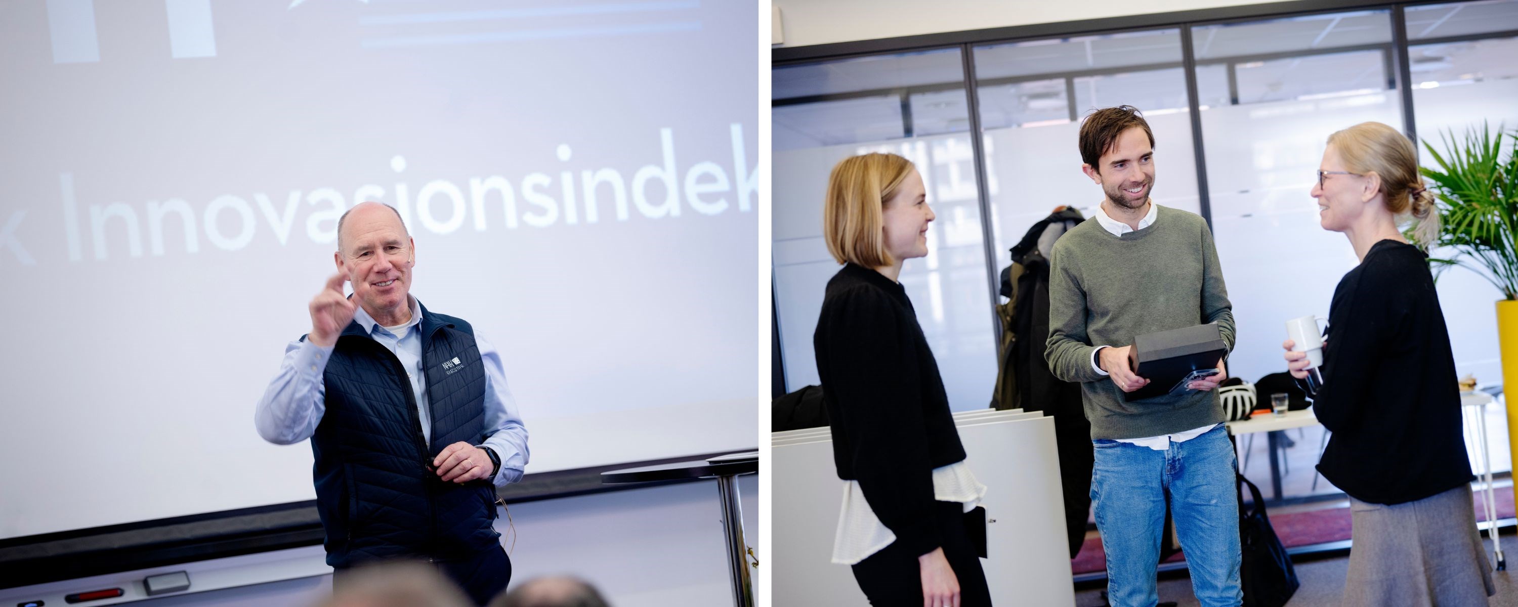 Bilde av Tor W. Andreassen og Eirik Frøyland Rime som snakker med to personer. Foto: Siv Dolmen