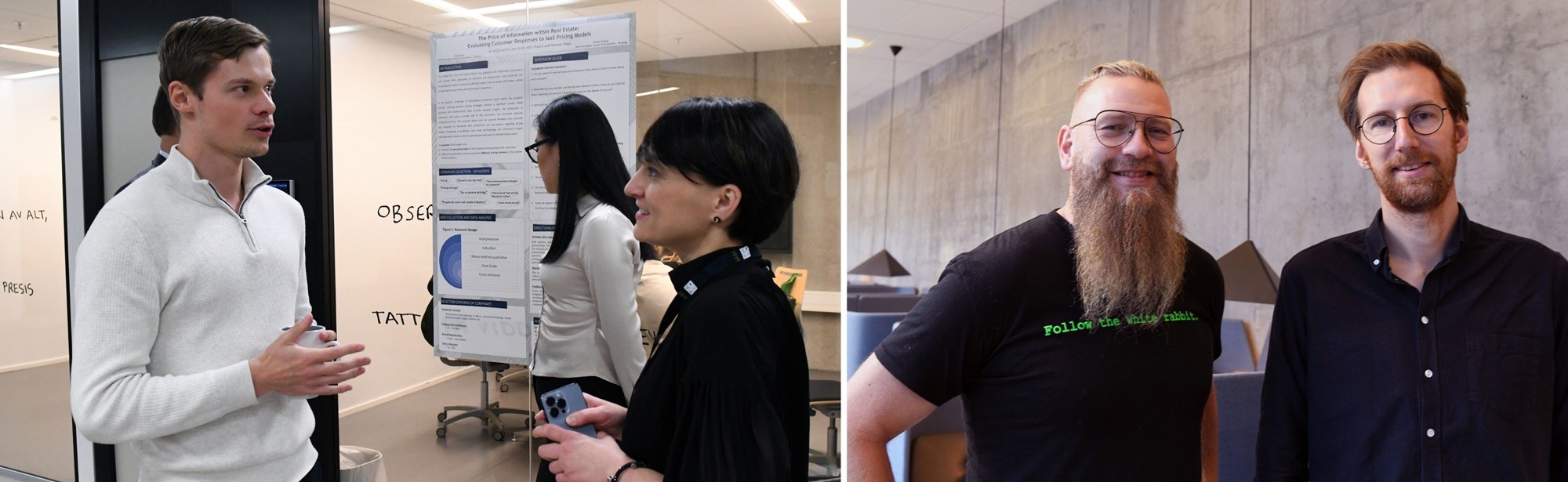 Ieva Martinkenaite, Director Telenor Research and Innovation, met the NHH master students Simen Kufaas and Luying Yao at their poster session during DIG Summit 2023. To the right: Leader at NewTechLab in DNB Yngvar Ugland and NHH Professor Eirik Sjåholm Knudsen. Photo: Sigrid Folkestad