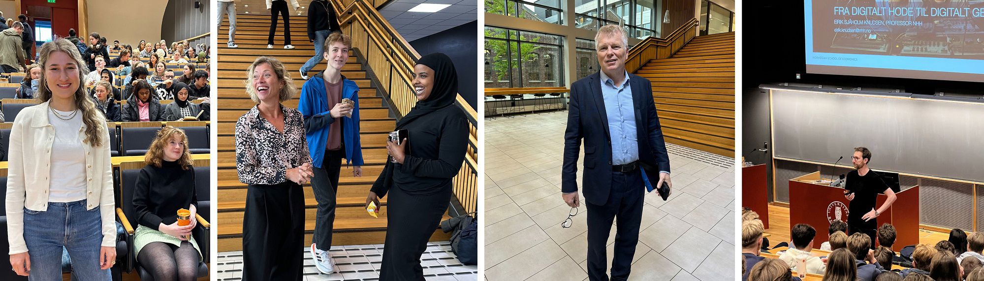 Forskningsdagene UNG 20. og 21. september var skreddersydd for elever i videregående skoler både i Bergen og omegnskommuner strømmet til auditoriene ved UiB og HVL. Hver forsker fikk 20 minutter til å snakke om sin forskning. Fra NHH: Stipendiat Anna Eitrem, professorene Therese Egeland, Ola H. Grytten og Eirik Sjåholm Knudsen. Foto: Sigrid Folkestad og Emma Merjem Emma Torlo Djugum 