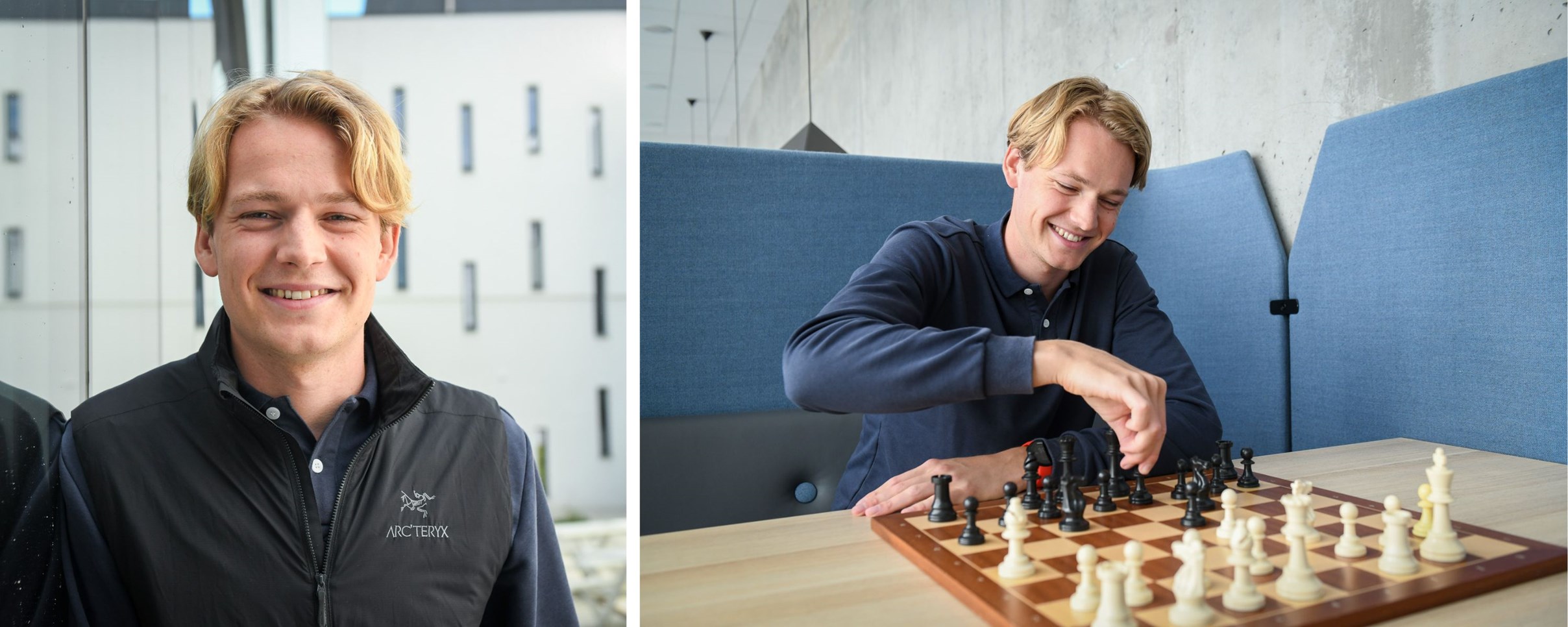 Portrait picture of Benjamin Haldorsen, and picture of him playing chess. Photo: Ingunn Gjærde