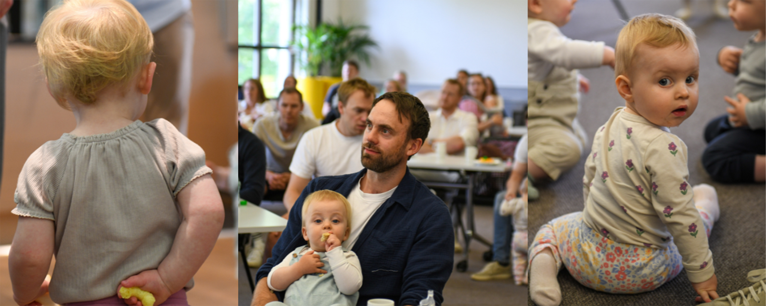 Kollasj med bilder av NHH alumner på permisjonstreff med babyer og barnevogner.