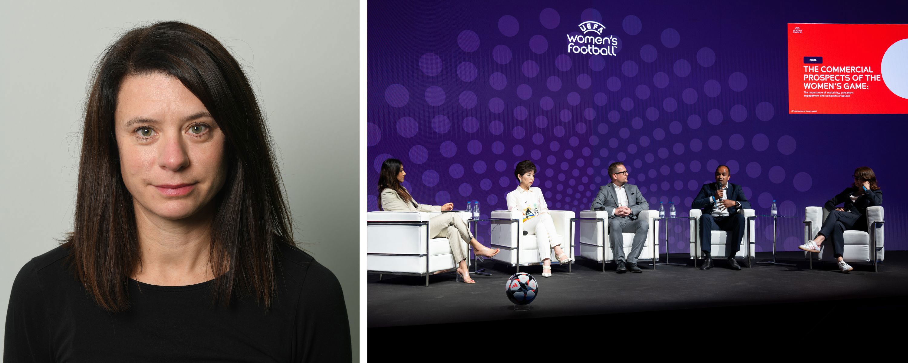 Bilde av Siv Skard og Siv Skard i en UEFA-panelsamtale. 