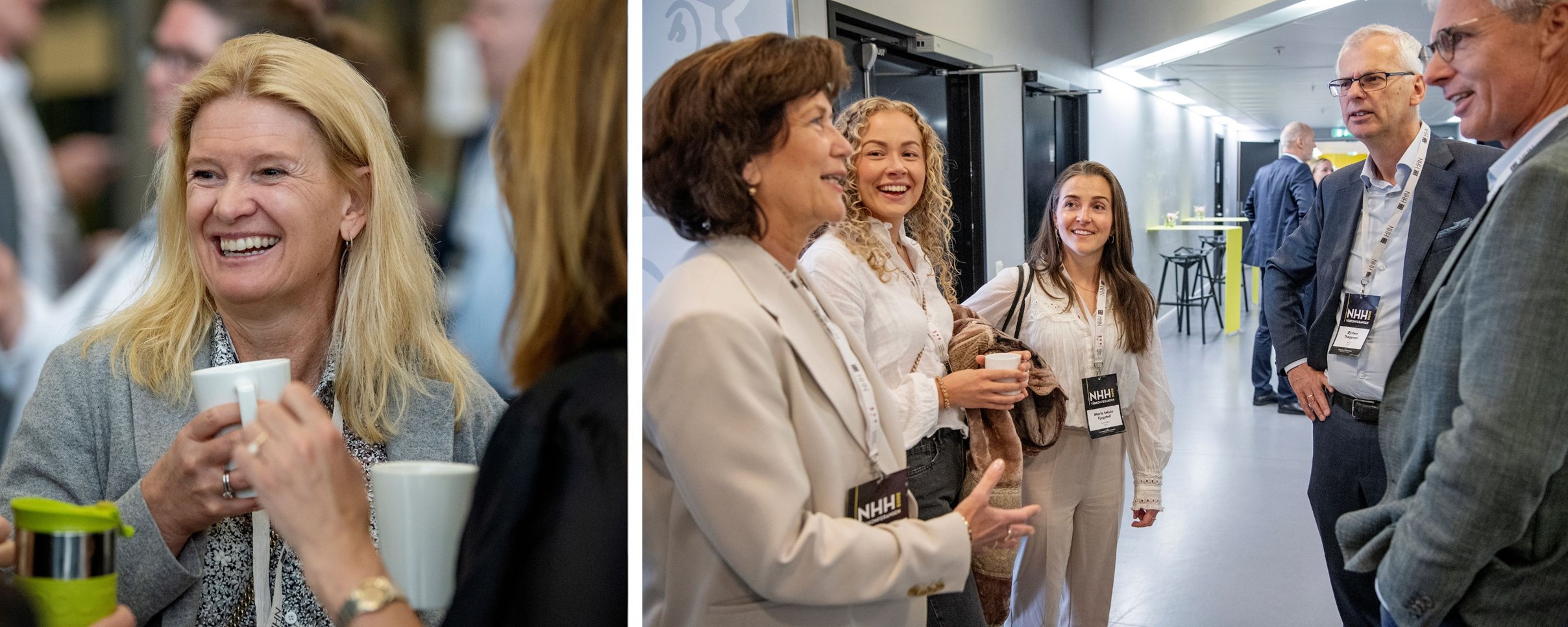 Bilde av dame som smiler og bilde av rektor Øystein Thøgersen (bilde til høyre) i dialog med Mai Vik frå AFF, Mari Larsen Sæther i Carrot og NHH-student Maria Fjogstad. 