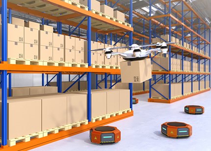 Warehouse with drones and robots. Illustration Haiyin/Dreamstime