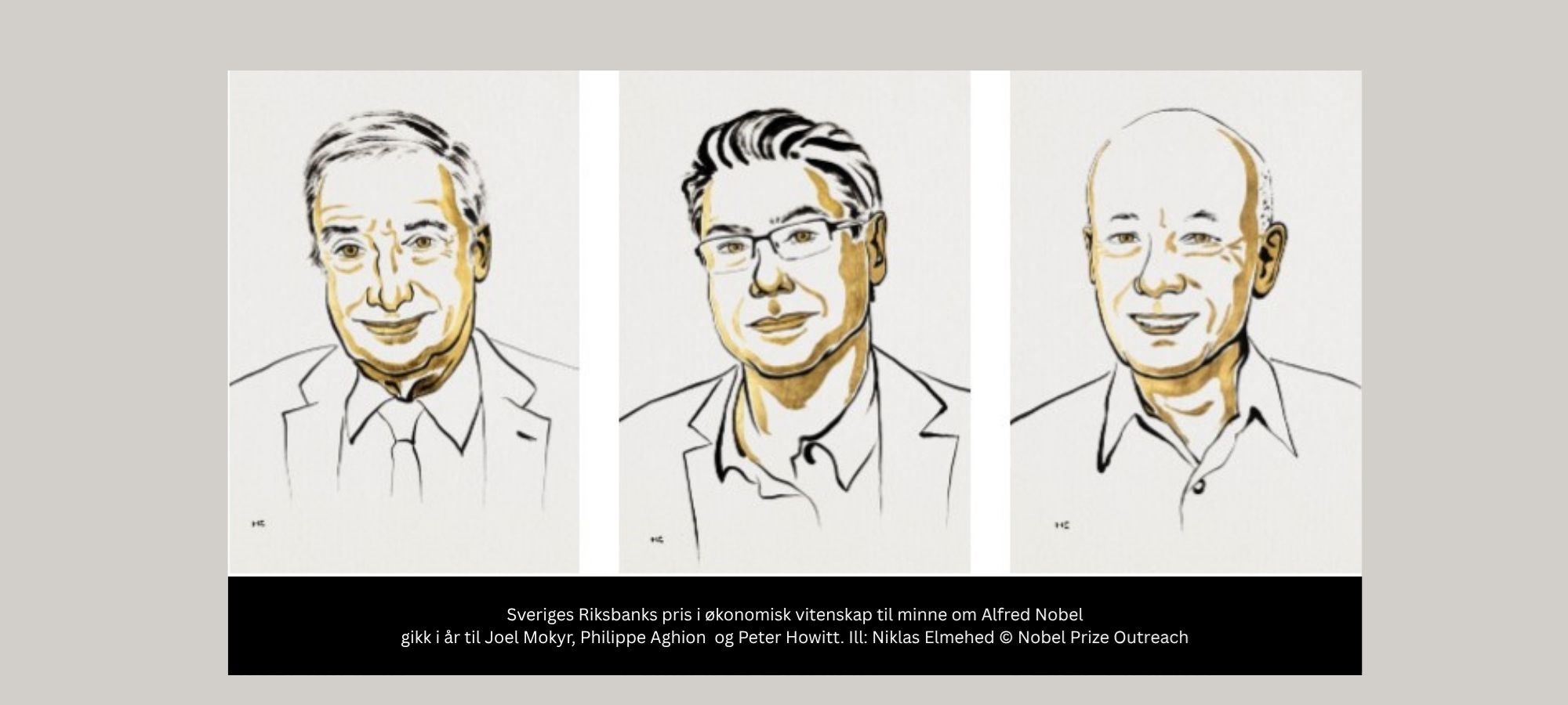 Sveriges Riksbanks pris i økonomisk vitenskap til minne om Alfred Nobel gikk i år til Joel Mokyr, Philippe Aghion og Peter Howitt. Ill: Niklas Elmehed © Nobel Prize Outreach