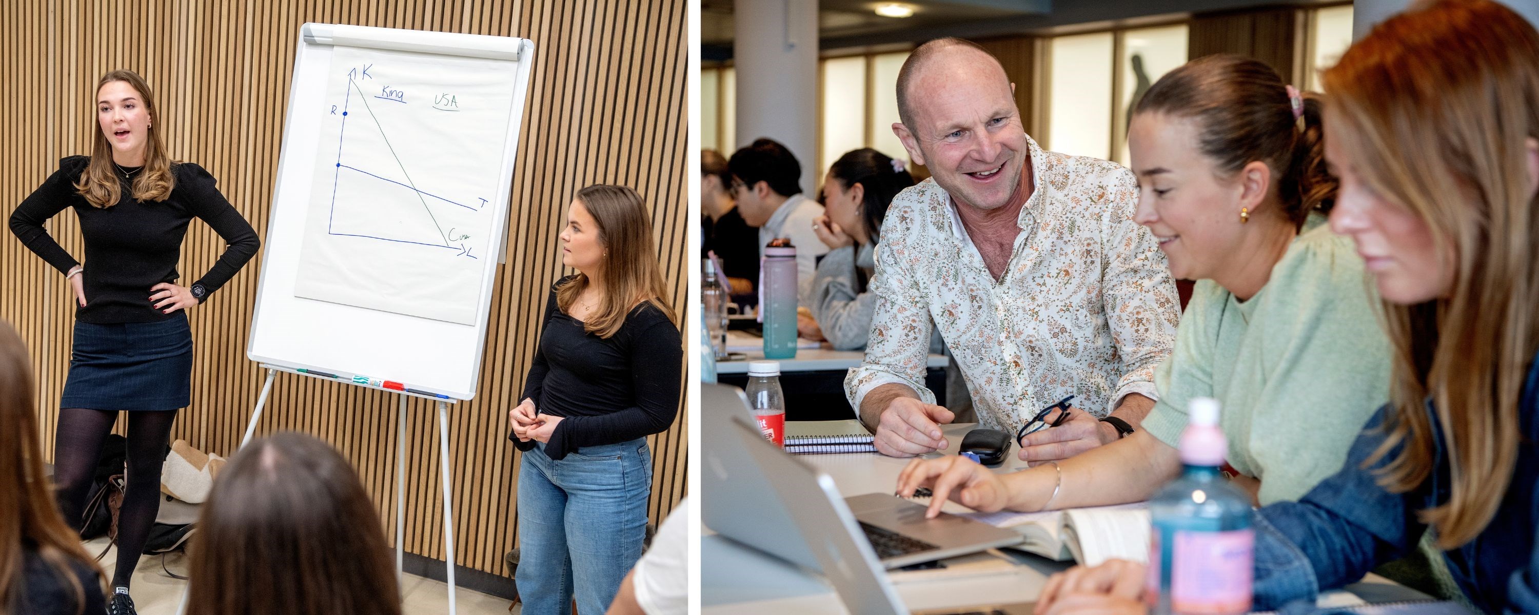 Bilde av NHH-studentene Hanna Notland og Maren Huseth Mortensen som presenterer oppgave og bildfe av Kjetil Bjorvatn som snakker med studenter. Foto: Helge Skodvin