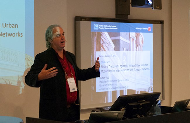 Professor Stefan Voss, University of Hamburg, giving the conference's first plenary talk: "Future Trends in Logistics: A Biased View on Urban Mobility and Its Interconnection with Transport Networks".