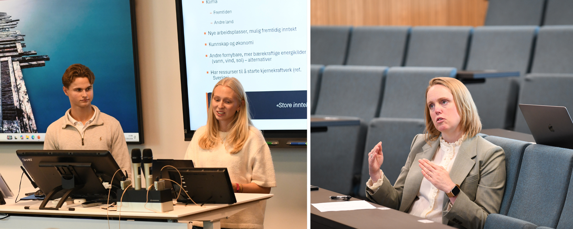 'Inspiring and a little intimidating,' said Benjamin Leonardo Salvesen. Here, he presents his group’s findings together with Nora Kaldestad while Birte Skår provides feedback. The Norwegian Hull Club CFO was one of 13 NHH alumni who volunteered their time to mentor students. Photo: Hallvard Lyssand.