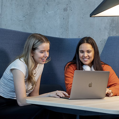 Bilde av to NHH-studenter som sitter foran en laptop. Foto: Helge Skodvin