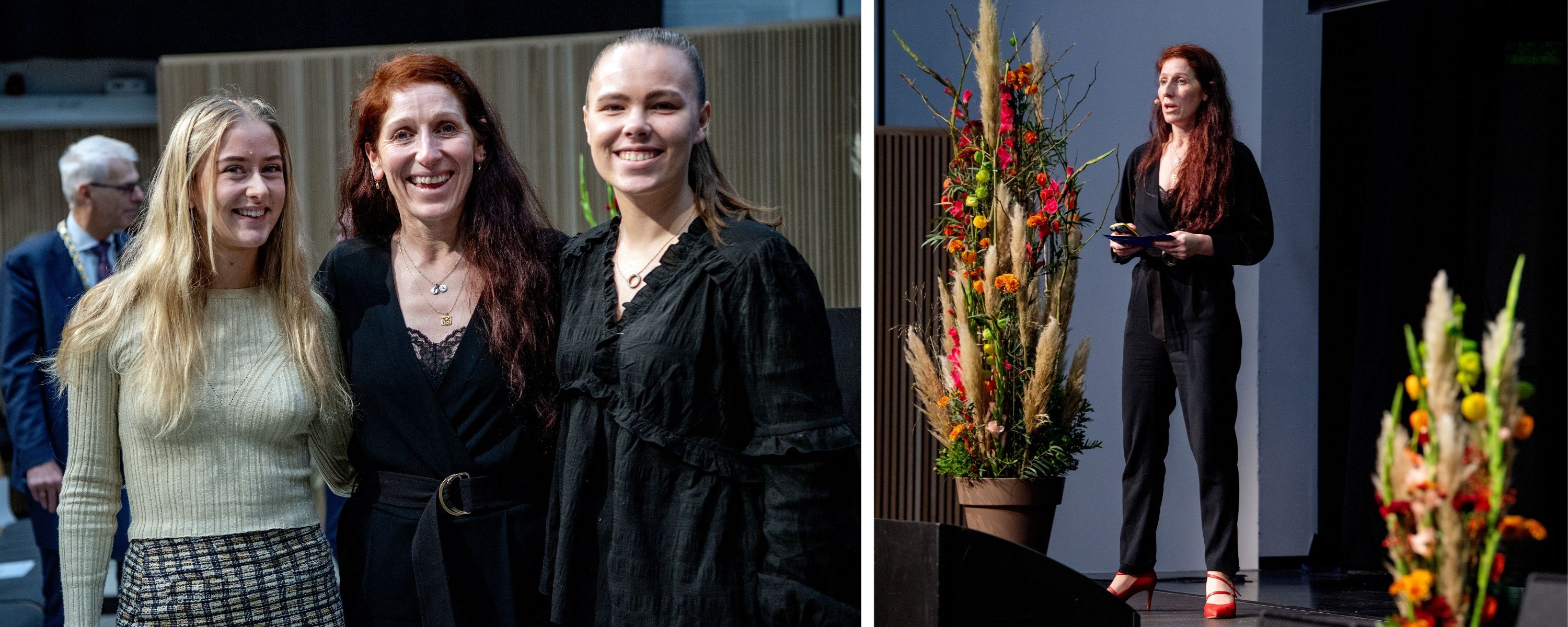 Bilde av NHH-studentene Selma Ødegaard Lauen, Elise Alsaker Kvinge og fotballpresident Lise Klaveness. Foto: Helge Skodvin