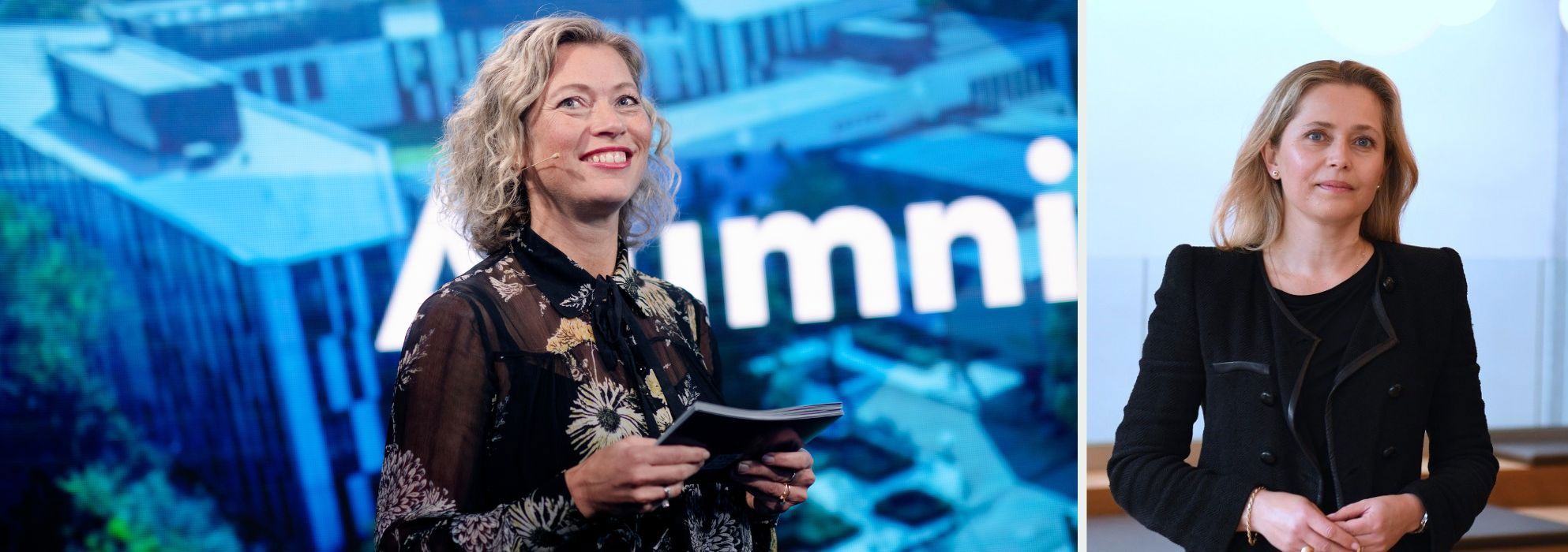 Professor Therese Egeland (t.v.) leder NHHs sesjon under SHE-konferansen 2025. – Styrekompetanse og strategisk ledelse er avgjørende i en tid med økende krav til styring og kontroll, sier Kristin Stave, leder for bedriftsinterne programmer ved NHH Executive. Foto: Siv Dolmen og Helge Skodvin