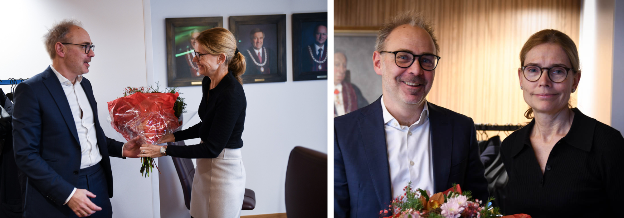 Helge Thorbjørnsen blir ny NHH-rektor. Her får han blomster av styreleder Karen Helene Ulltveit-Moe.