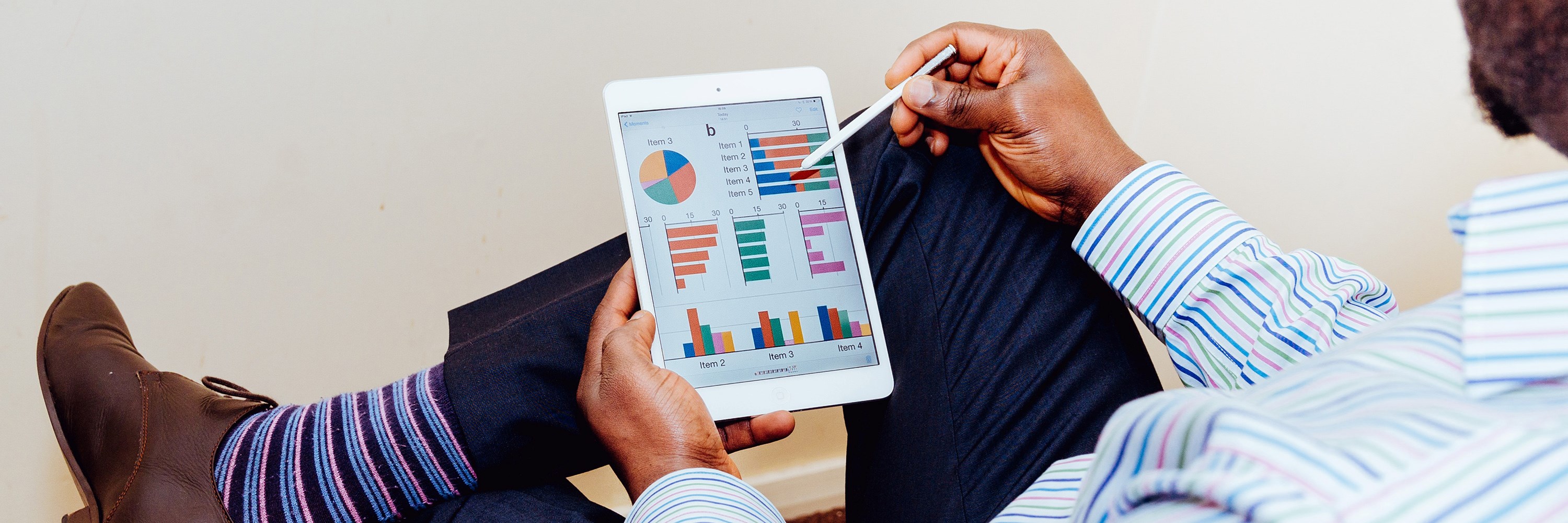 Person holding a tablet with charts on it.