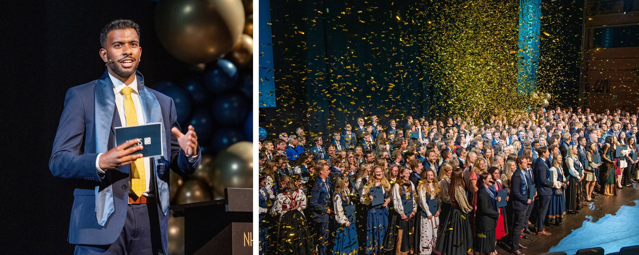 Bilde av Dinogen Uruthiran som holder tale, og over 400 nyutdannede NHH-ere på scenen. Foto: Helge Skodvin 