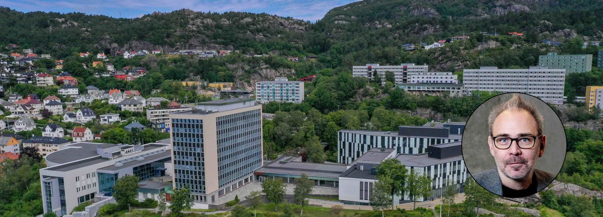 Aerial view of the NHH campus in Bergen, featuring modern university buildings nestled in a green hillside. A circular portrait of Rector Helge Thorbjørnsen is overlaid in the bottom right corner.