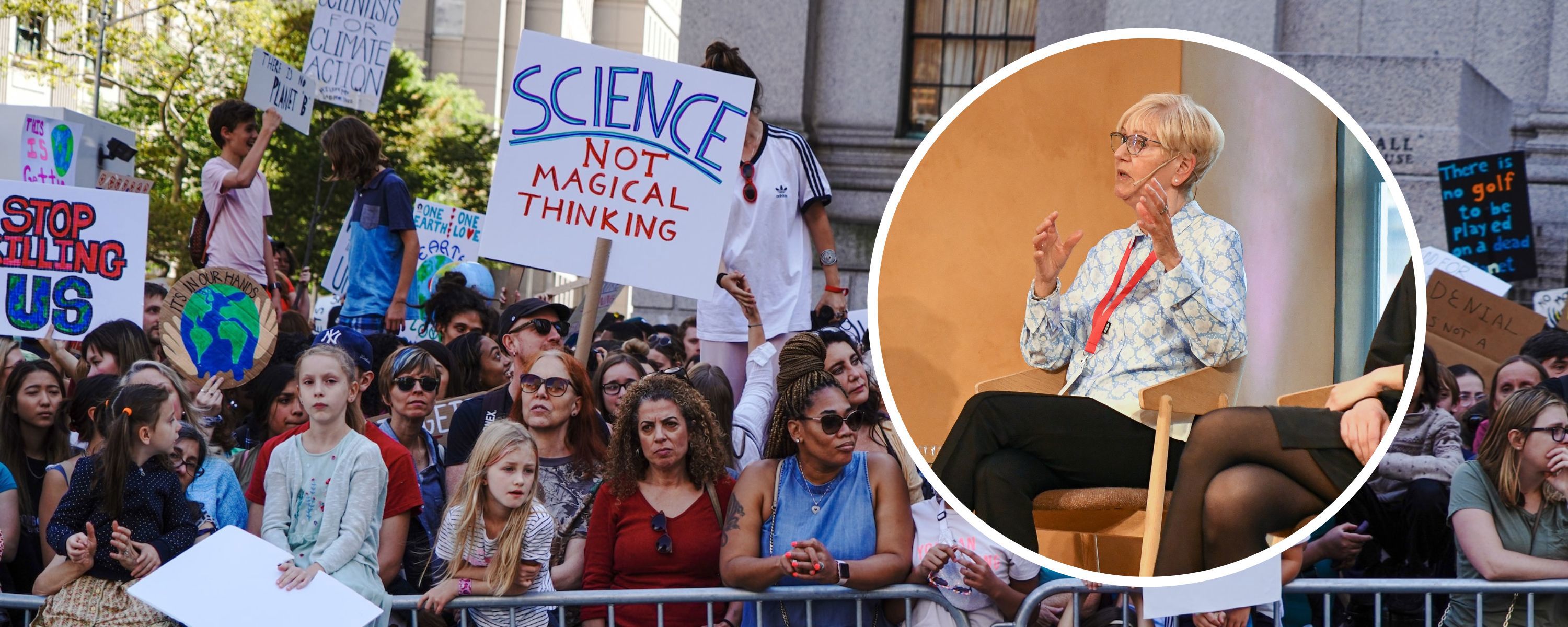 Bilde av klimademonstranter og NHH-professor Trine Dahl.  Foto: Unsplash/Katie Rodriguez og Ingrid Aarseth Johannessen