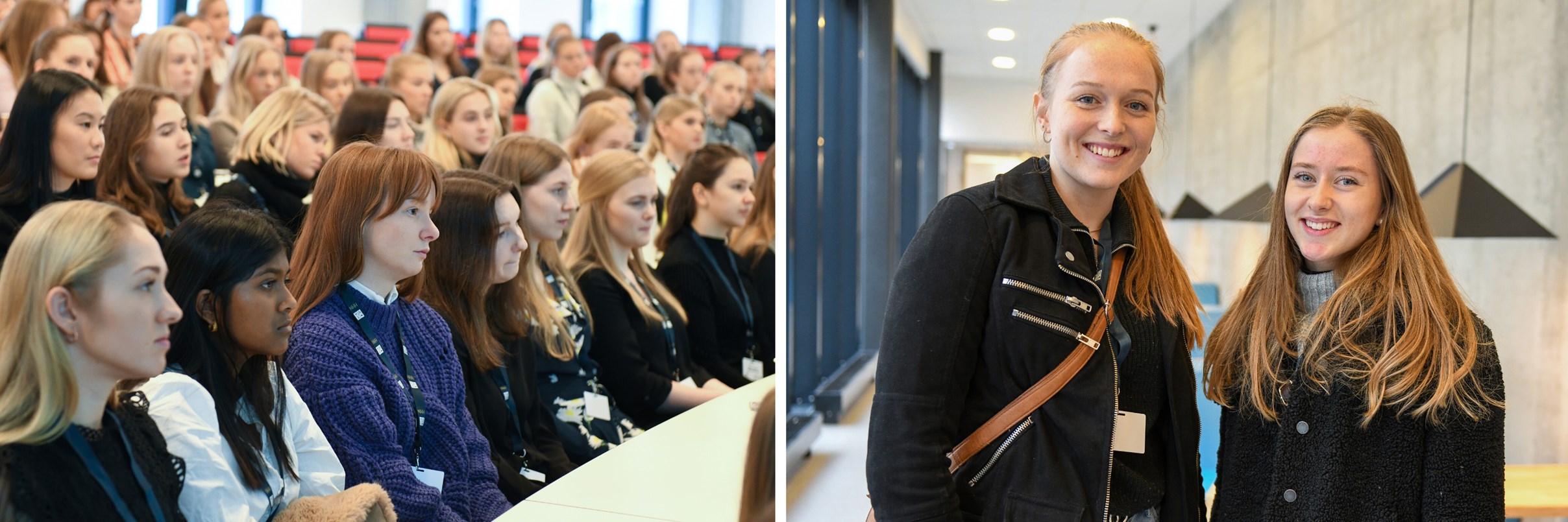Bilde av kvinnelige studenter i et auditorium og Selma Ødegaard Lauen og Astri Runde.