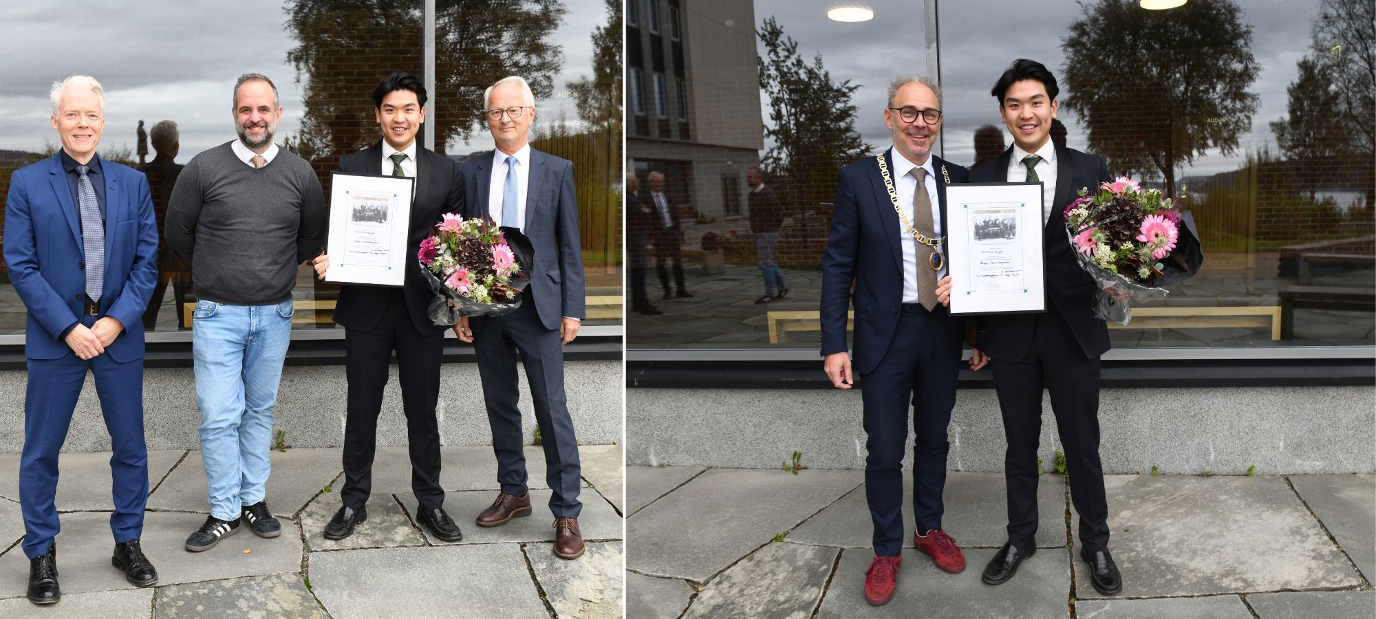 Professor Øivind A. Nilsen (chair of the jury), Professor Bram Timmermans (supervisor), Erik Tien Huynh, Professor Jan I. Haaland (representing the chair of the Kristofer Lehmkuhl Fund) and Rector Helge Thorbjørnsen. Photo: Hallvard Lyssand