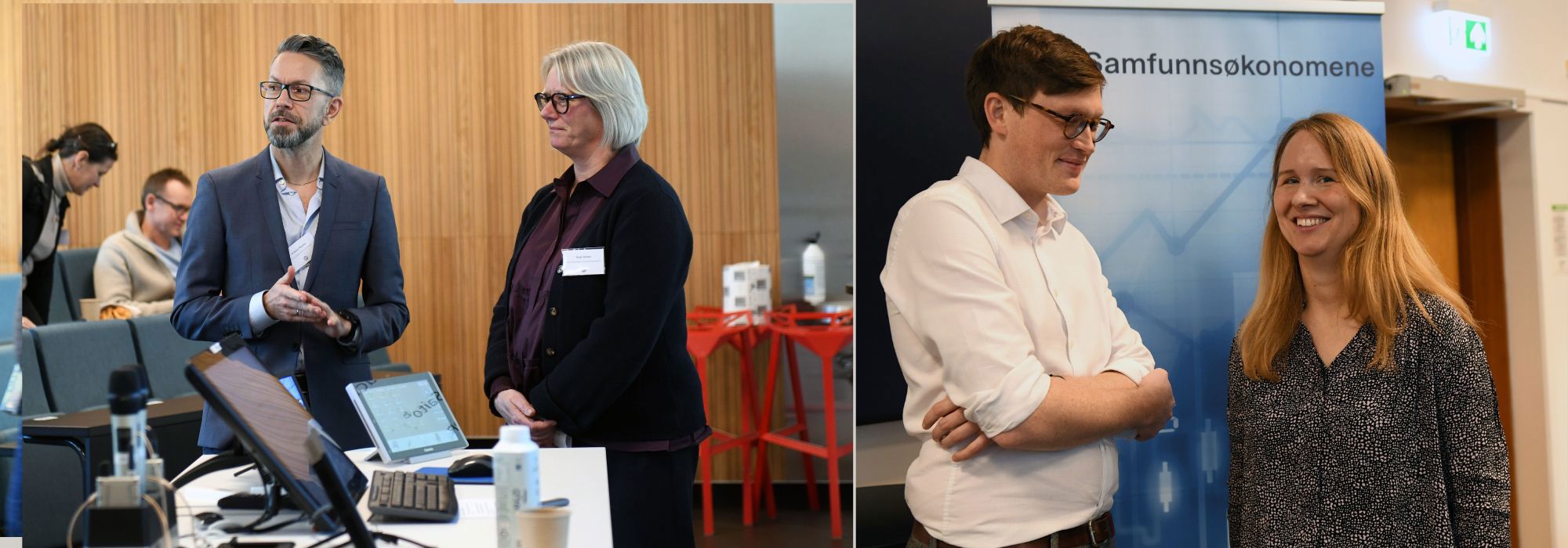 Hovedinnleder Andreas Moxnes, professor ved BI, sammen med NHH-professor Sissel Jensen. Til høyre er Forskermøtets to andre hovedinnledere; Bjørn R. Brey og professor Aline Bütikofer. 