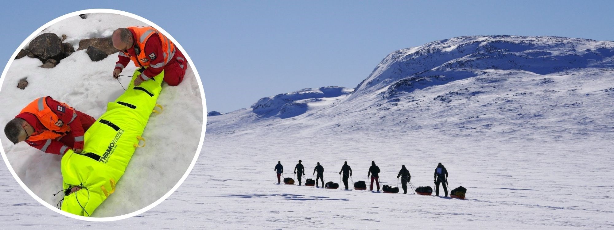 Folk som går på ski over Hardangervidda og person som blir reddet i isolasjonspose fra Thermosaver.