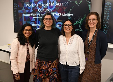 Workshop organisers Aruna Divya Tatavarthy, Eva Gavrilova-Zoutman and Malin Arve with invited speaker and facilitator Lorelou Desjardins (second from right)