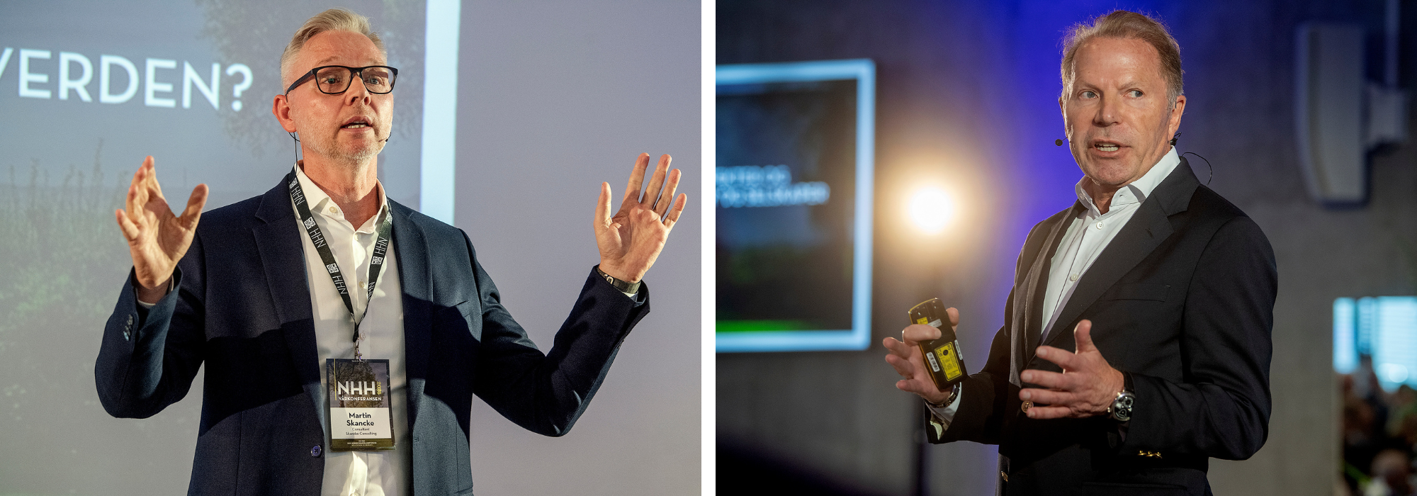 Martin Skancke, styremedlem i Storebrand (t.v.) pekte på USAs dominans som «ganske unaturlig». CEO emeritus TM partnerships, McKinsey & company, Tore Myrholt, la vekt på viktigheten av klare forsyningslinjer og at selskaper må være godt rustet til å takle risikofaktorer.