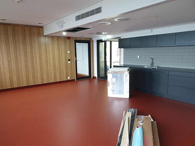 Social zone with kitchen for employees in the main building.