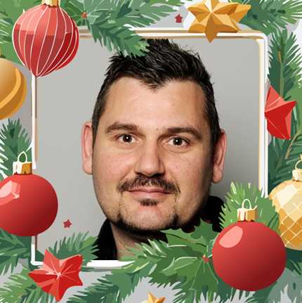 Portrait photo of Stig with a Christmas frame around