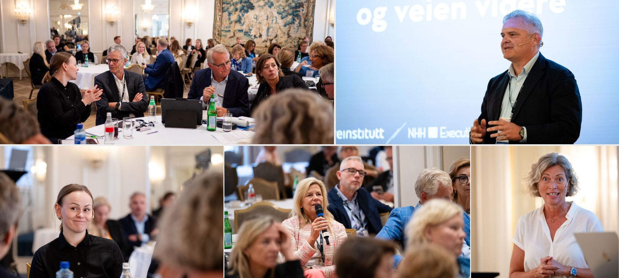 Ragnhild Sjoner Syrstad, statssekretær Nærings- og fiskeridepartementet, Helge Lund, Rune Bjerke, NHH-professor Inger G. Stensaker, direktør ved NHHE Tore Hillestad, Syrstad, aktivt styremedlem med toppsjefbakgrunn Elin Karfjell og NHH-professor Therese Egeland.
