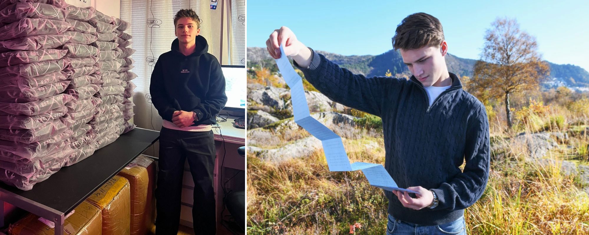 En lett fortumlet Daniel Jarnæs Båtstrand får sin første ladning plagg fra fabrikken i Kina til gutterommet i  Mosjøen, mars 2024. Drøyt to år senere får NHH-studenten et brev som gjør inntrykk. Foto: Privat / Bjørn EGil Halvorsen
