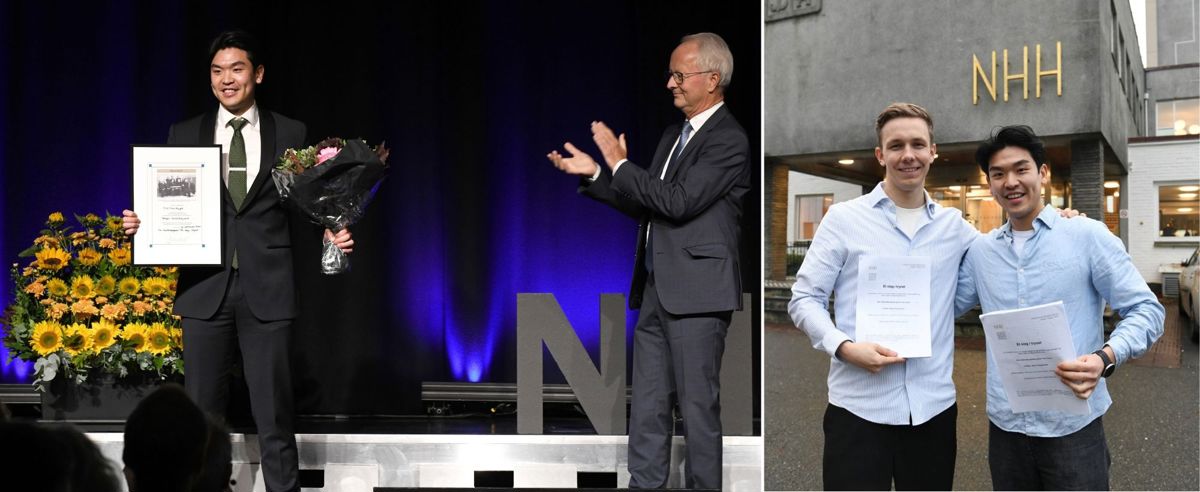 Tirsdag mottok Erik Tien Huynh Lehmkuhlstipendet i NHHs aula. Sammen med Odin Sande fikk han 50 000 kroner for masteroppgaven om ferske gründere. Professor Jan I. Haaland, vara for styreleder i Kristofer Lehmkuhls fond, delte ut prisen. Foto: Hallvard Lyssand