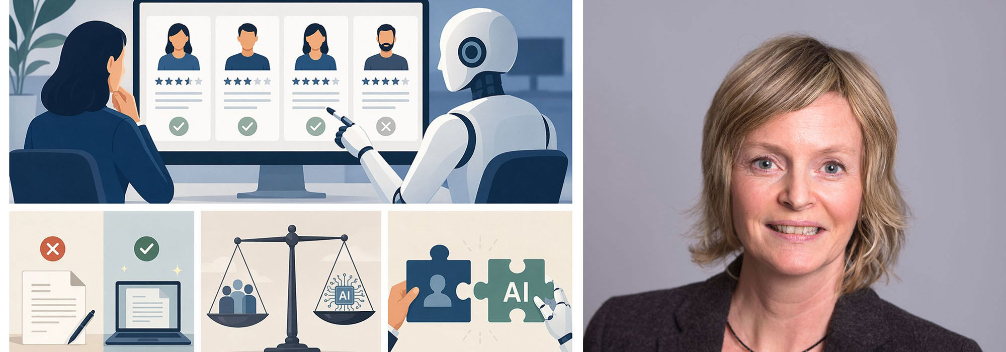 Photo collage of Karen Modesta Olsen and AI-generated illustration of the subject of the article.