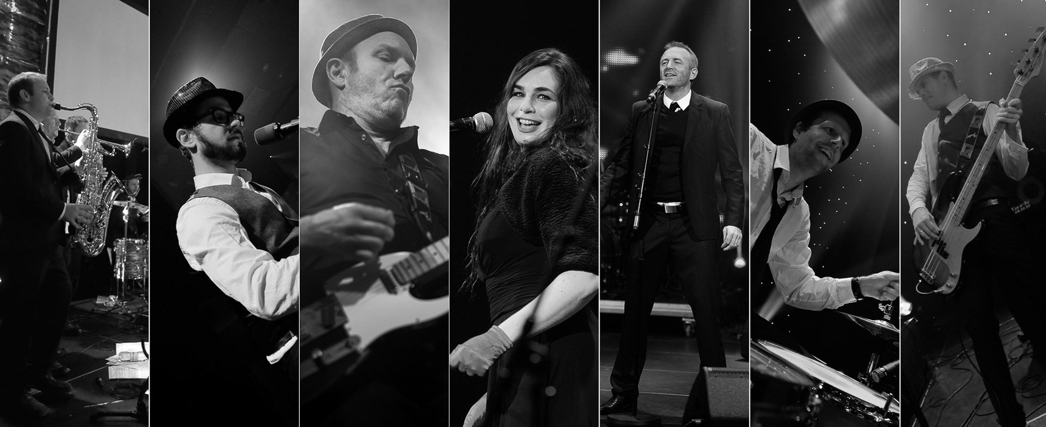 The band members on stage, a collage