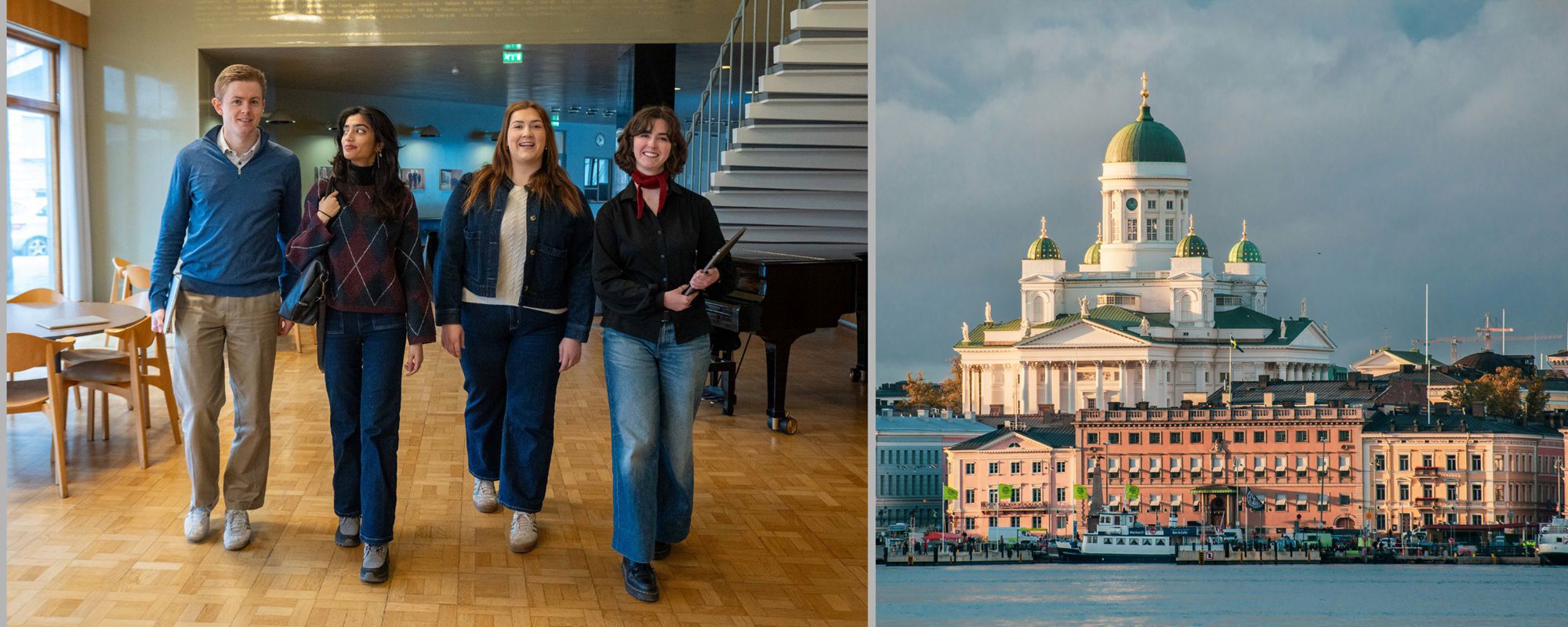 A composite image showing four students walking together in a bright corridor on the left, and Helsinki Cathedral rising above the waterfront on the right.