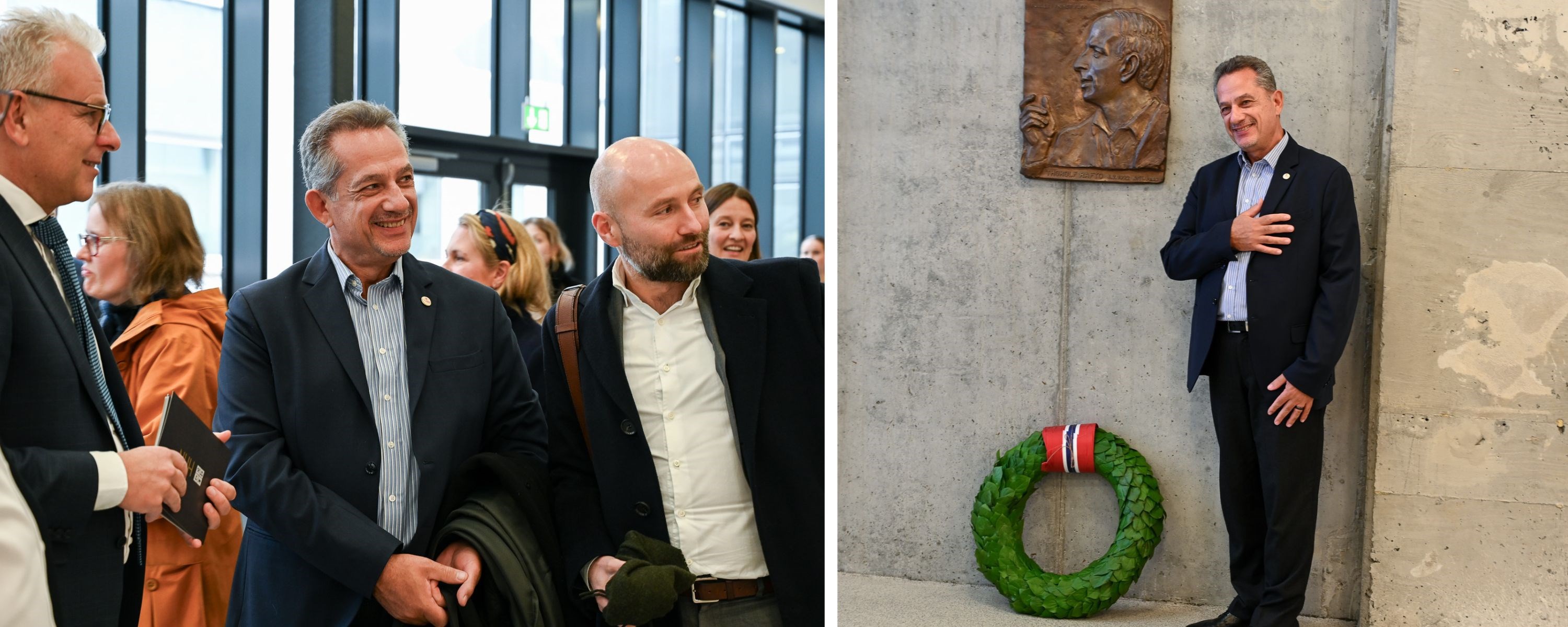 Bilde av Geir Mikalsen, kommunikasjonsdirektør ved NHH, Alex Kamaratos, og Jostein Hole Kobbeltvedt, daglig leder i Raftostiftelsen. Foto: Ingunn Gjærde